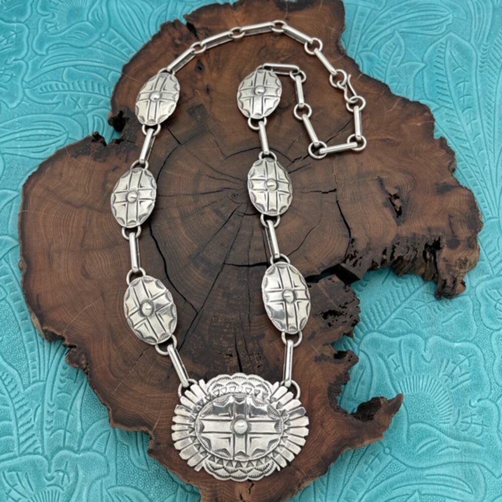 BUFFALO DANCER Taos Pueblo Coin & Sterling Silver Cross Concho Station Necklace
